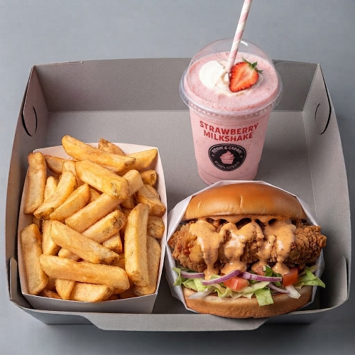 Chicken Burger, Chips & Any Milkshake 